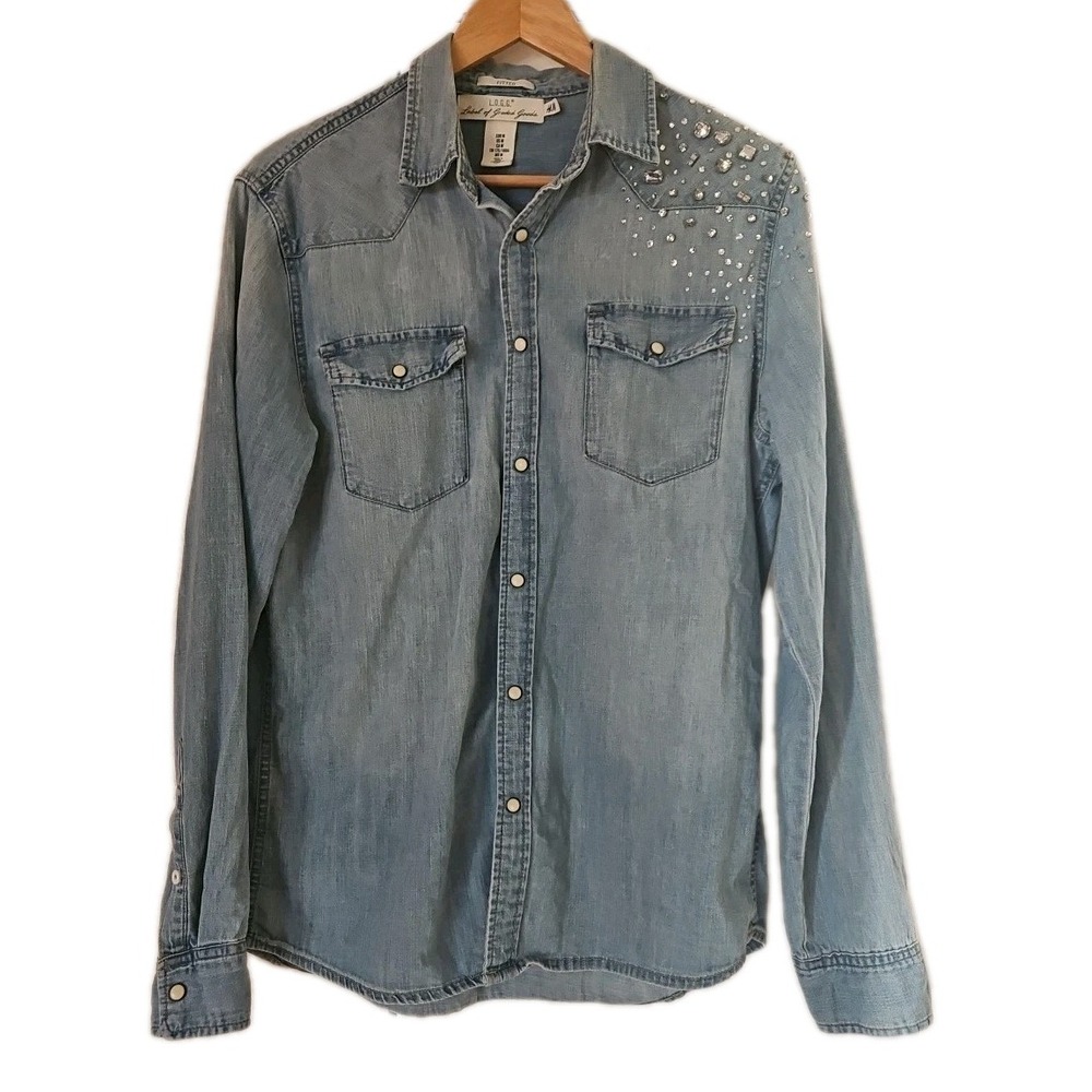 H&M Womens Western Denim Shirt Blue Medium Pearl Snap Rhinestones LOGG Cowgirl